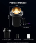 Diagram showing Six Pack Low Voltage Landscape Well Lights With Glare Shield Ultra Bright Pro Grade 3000K Warm White Aluminum In Ground Uplights Waterproof For Garden Path Wall Columns Bushes Includes Connectors, with dimensions and components.