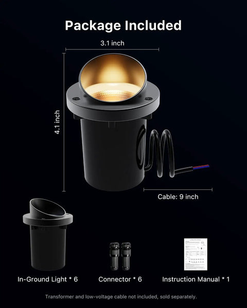Diagram showing Six Pack Low Voltage Landscape Well Lights With Glare Shield Ultra Bright Pro Grade 3000K Warm White Aluminum In Ground Uplights Waterproof For Garden Path Wall Columns Bushes Includes Connectors, with dimensions and components.