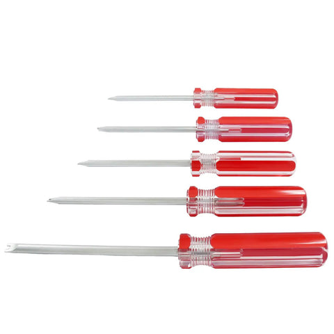 Top Shelf Five Piece Magnetic U Type Precision Driver Kit With Hardcore Steel Blades And Slick Secure Bit Holders, red handles.