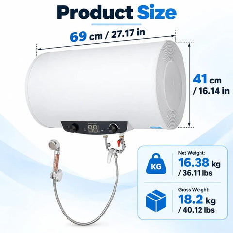 Heavy Duty Wall Mounted Electric Water Heater With 18.5 Gallon Tank And 1500 Watt Fast Heat Coil product size 69cm x 41cm with digital display and faucet