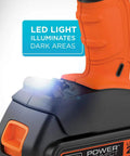 Close-up of 20V Max Cordless Drill And Driver With Long Battery Life, LED Work Light, Easy Grip handle, Silver Black Orange design