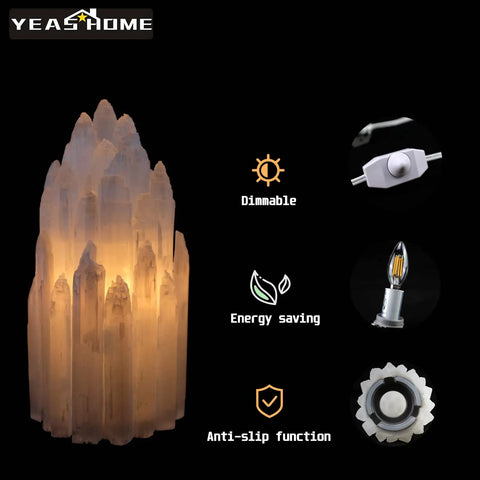 Handcrafted Selenite Lamp With Mountain Peak Design, dimmable bedside night light, showcasing features for cozy vibe and healing glow