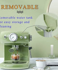 Get Your Daily Java Fix With This Dependable Home Espresso Maker And Coffee Machine Featuring Built In Grinder And Creamy Milk Frother Semi Automatic Heat Display For Smooth Barista Level Shots In Fresh Green Finish with removable water tank.
