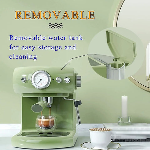 Get Your Daily Java Fix With This Dependable Home Espresso Maker And Coffee Machine Featuring Built In Grinder And Creamy Milk Frother Semi Automatic Heat Display For Smooth Barista Level Shots In Fresh Green Finish with removable water tank.