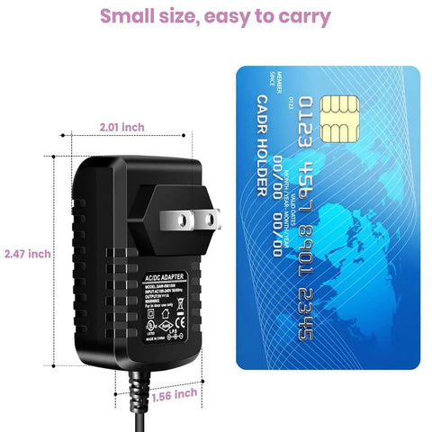 Pro Grade Guitar Pedal Power Supply Adapter 9V DC 1A 1000mA with size measurement comparison to a card