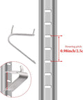 Close-up of 32 Pack Refrigerator Shelf Clips Set For Freezer And Cooler Shelves, stainless steel clips on mounting rail with size details.