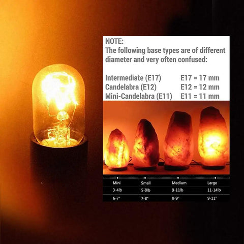 Comparison chart and glowing Six Pack E12 Candelabra Base 15W Incandescent Bulbs For Himalayan Salt Lamps And Plug In Night Lights Dimmable Brightness Two Point Zero By Zero Point Seven Inch Size Ideal Replacement Bulbs
