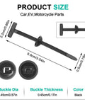 150 Pcs Nylon Universal Cable Tie Buckles For Auto Repairs And Daily Maintenance, black plastic zip tie style rivets, shown with dimensions and close-up details.
