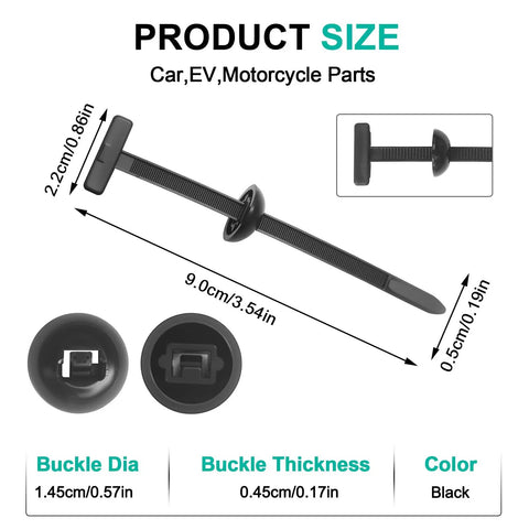 150 Pcs Nylon Universal Cable Tie Buckles For Auto Repairs And Daily Maintenance, black plastic zip tie style rivets, shown with dimensions and close-up details.