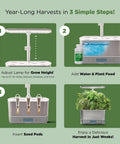 Harvest Elite Indoor Garden Hydroponic System With LED Grow Light And Seed Kit showing three-step setup guide for fresh herbs.