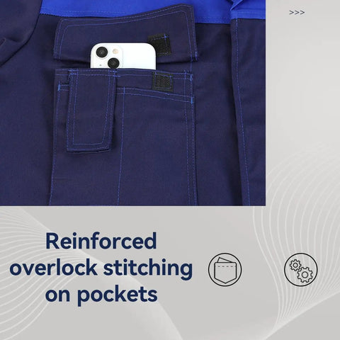 Mens Lab Coat For DIY Workshop Long Jacket With Durable Twill Concealed Button Front Side Vents And Easy Care Machine Washable Warehouse Ready Blue Size L, showing reinforced pocket stitching