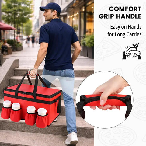 Person carrying an Insulated Food Delivery Bag With Four Cup Holders XXXL Large Commercial Grade Cooler Bag Keeps Food Hot Or Cold