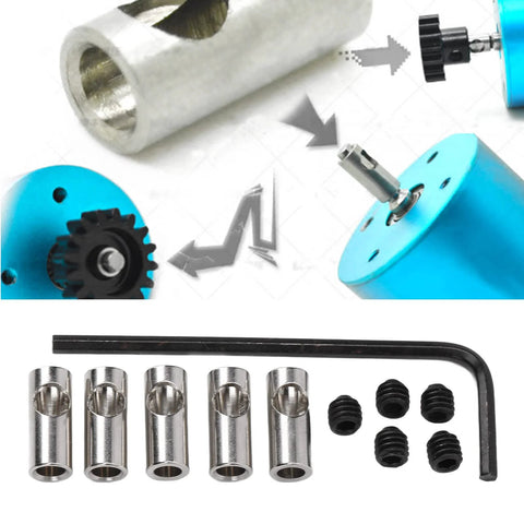 Lybunair 3.175mm to 5mm pinion gear adapter set with silver reducer sleeves, black rubber caps, and L-shaped Allen key