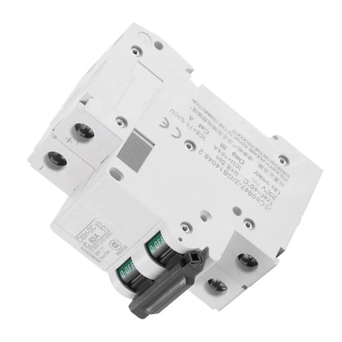 DC Two Pole Circuit Breaker 2P 250V 63A Din Rail Mounted Miniature Breaker shown in a side view with fast trip features.