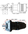 Diagram and photo of 60mm Flange 48V 300W Low Speed Brushless DC Motor With BLD-300 Driver Kit, 8mm shaft, 8 poles