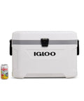 54 Qt Marine Ultra Cooler With UV Protection, Non Slip Swing Up Handles, Durable Stainless Steel Hinges, Tight Seal, Ice Retention For Boating And Outdoor Adventures, White, front view with beverage can for size reference