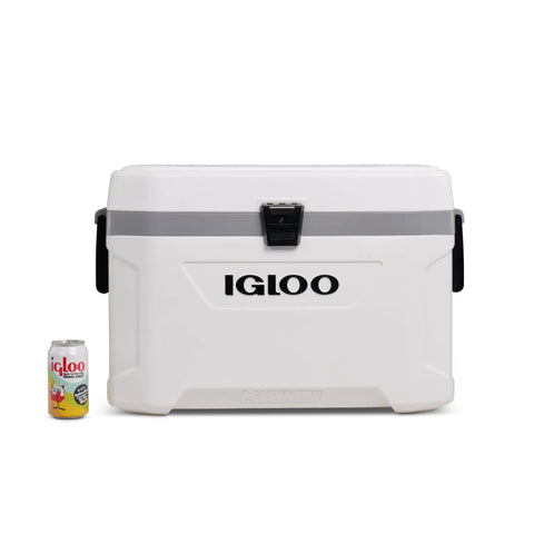 54 Qt Marine Ultra Cooler With UV Protection, Non Slip Swing Up Handles, Durable Stainless Steel Hinges, Tight Seal, Ice Retention For Boating And Outdoor Adventures, White, front view with beverage can for size reference
