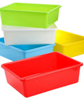 Five colorful large stackable plastic storage bins for home and classroom organization, 15 by 11.5 inch toy baskets.