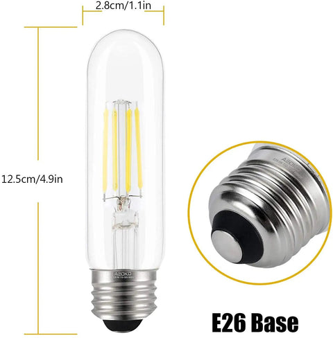 Lit 4000K Daylight T10 LED Tubular Filament Bulbs For Desk Lamps Edison Style, 4W Dimmable, E26 Medium Base, Vintage LED, Clear Glass