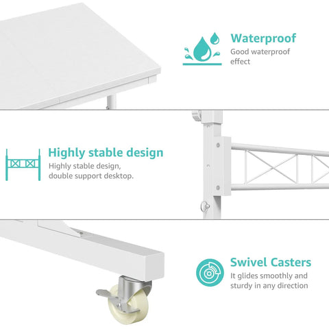 Portable Treadmill Walking Pad Desk On Wheels With Height Adjustable Stand Up Table For Home Office features like waterproof, stable design, and swivel casters are shown in detail.