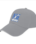 Gray cap with blue and white design, "SHAQ" logo, Lightweight Distressed Low Profile Baseball Cap For Men Everyday Versatile Hat