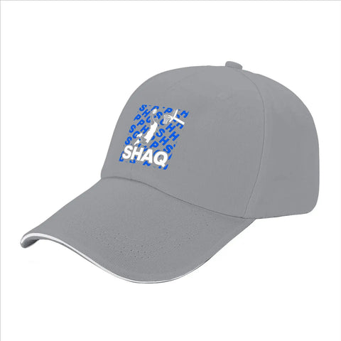 Gray cap with blue and white design, "SHAQ" logo, Lightweight Distressed Low Profile Baseball Cap For Men Everyday Versatile Hat