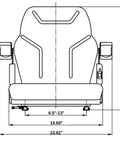 Front view diagram of Rugged Workhorse Universal Operator Seat for Backhoes Dozers Excavators featuring dimensions and adjustable armrest