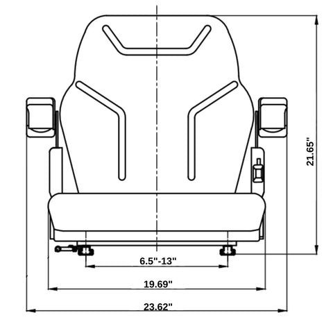 Front view diagram of Rugged Workhorse Universal Operator Seat for Backhoes Dozers Excavators featuring dimensions and adjustable armrest