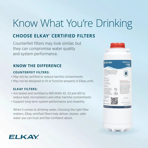 WaterSentry 51300C Replacement Filter For Bottle Fillers packaging next to information about certified filters by Elkay.