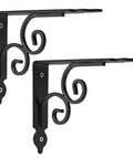 Heavy Duty L Shape Wall Mount Shelf Brackets With Screws Built Like A Tank Rock Solid Floating Shelf Support Smooth Iron Corner Bracket for home use, black design with decorative scrolls.