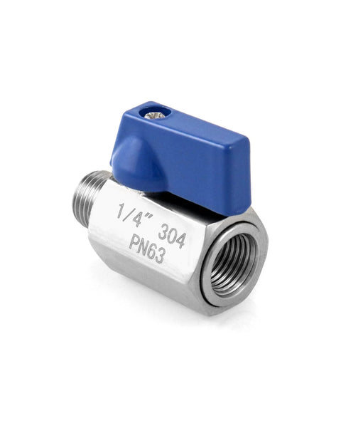 Side view of stainless steel 1/4 in ball valve with blue lever; NPT male/female threaded ends