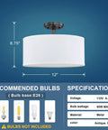 Fabric Drum Shade Ceiling Light With PS Diffuser Semi Flush Mount Fixture Off White Fabric Shade, 12 Inch, Antique Nickel
