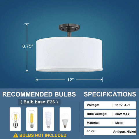 Fabric Drum Shade Ceiling Light With PS Diffuser Semi Flush Mount Fixture Off White Fabric Shade, 12 Inch, Antique Nickel
