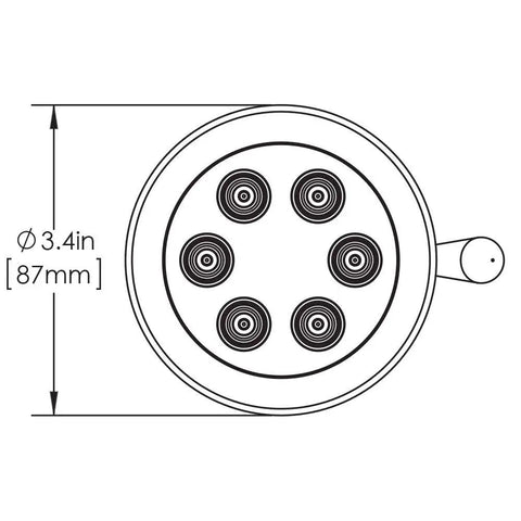 Diagram of All In One Dope Multi Function Shower Head With Anystream 360 Degree Technology, 3.4 inch diameter, front view.