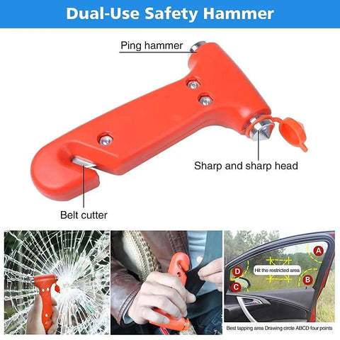 Beefed Up Roadside Emergency Kit For Cars And Trucks With Jumper Cables Tow Rope Reflective Triangle Tire Pressure Gauge Safety Vest Hammer And More All In One Compact Auto Safety Essentials displayed safety hammer