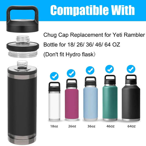 Chug Cap Replacement For Rambler Bottle Fits 18Oz 26Oz 36Oz 46Oz 64Oz Models, Easy Twist Triple Handle Screw Top Lid shown with bottles