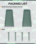 No Fuss Heavy Duty Downspout Splash Blocks To Keep Your Foundation Squeaky Clean And Divert Yard Water Fast Thick Polyethylene Rain Gutter Extensions With Heavy Gauge Ground Spikes For Reliable Drainage Super Tough Green Two Pack with two splash blocks and four nails.