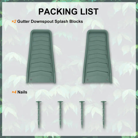 No Fuss Heavy Duty Downspout Splash Blocks To Keep Your Foundation Squeaky Clean And Divert Yard Water Fast Thick Polyethylene Rain Gutter Extensions With Heavy Gauge Ground Spikes For Reliable Drainage Super Tough Green Two Pack with two splash blocks and four nails.