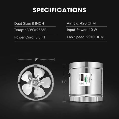 Specifications of 8 Inch Inline Duct Fan 420 CFM Low Noise HVAC Exhaust For Basements Bathrooms Kitchens And Attics Durable Metal Construction