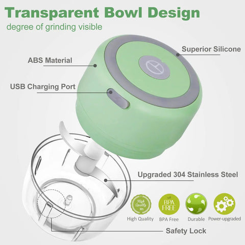 Diagram of Electric Herb Grinder For Spice And Dry Herbs With 3.4 Ounce Capacity One Touch Operation For Fast Grinding Portable USB Charging Clear Viewing Chamber Includes Cleaning Brush And Tweezers Pale Green Gift Ready, showing materials and features.