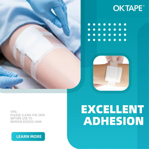 Nonwoven Medical Surgical Tape Pack Of 4 Soft Breathable Wound Dressing Tape 3 Inch By 10 Yard applied on leg for wound care