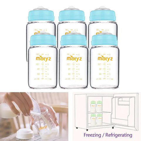 Premium Borosilicate Glass Breastmilk Storage Bottles 6 Oz 6 Pack Wide Mouth BPA Free Blue Lids for safe storage and freezing.