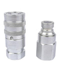 Two silver 1/4in NPT flat-face hydraulic quick-connect couplers with knurled grip and dust caps.