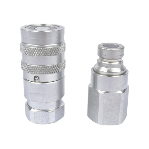 Two silver 1/4in NPT flat-face hydraulic quick-connect couplers with knurled grip and dust caps.