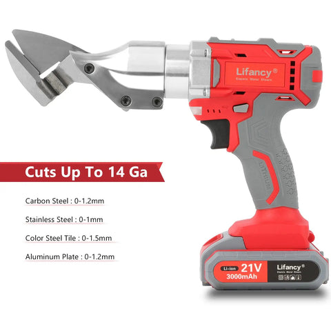 21V Cordless Metal Shears For Cutting Sheet Metal 14 Gauge 0 To 3000 SPM With Dual 3000mAh Batteries And Charger shown against white background