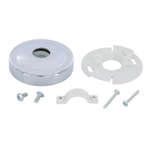 Shower Arm Stabilizer Bracket With Flange Cover Chrome Finish components including flange, bracket, and screws for wobbly shower arms.