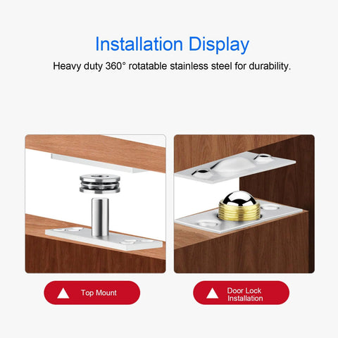 Installation display of hidden door hinge with 360 degree rotation heavy duty pivot hinge in stainless steel 220 lbs load bearing concealed hinge