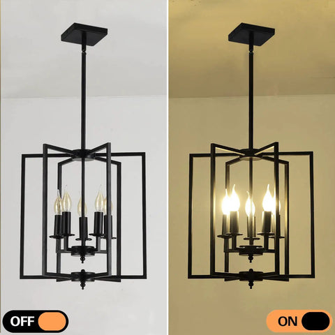 Industrial Rustic Pendant Light Chandelier With Five Lights, Adjustable Height E12 Vintage Hanging Fixture, black, on off view