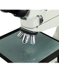 400X Plan Trinocular Inspection Microscope With Seidentopf Head, 360-Degree Rotatable, 30-Degree Tilt, Quintuple Nosepiece, Widefield EW10X-22 Eyepieces, 48-75mm Adjustable Interpupillary, Lab-Grade Microscope For Education And Electronics close-up of objectives and stage