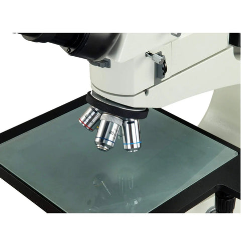 400X Plan Trinocular Inspection Microscope With Seidentopf Head, 360-Degree Rotatable, 30-Degree Tilt, Quintuple Nosepiece, Widefield EW10X-22 Eyepieces, 48-75mm Adjustable Interpupillary, Lab-Grade Microscope For Education And Electronics close-up of objectives and stage